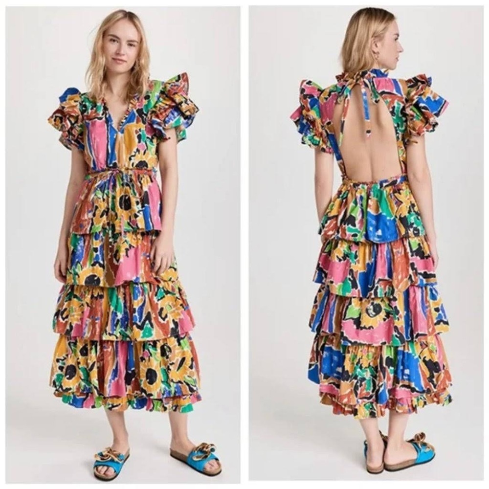 Vibrant Multicolor Floral Tiered Midi Dress with Open Back